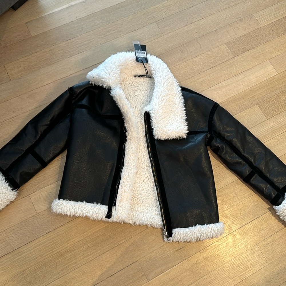 LIONESS Phoenix Jacket Black Faux Leather White Fur Trim (XS)